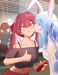  2girls absurdres animal_ears bare_shoulders blue_hair bow bra_strap breasts closed_eyes collarbone commentary deodorant dress english_commentary gin_san31 hair_between_eyes hair_bow highres hololive houshou_marine imagining kiss kissing_cheek long_hair looking_at_viewer midriff mixed-language_commentary multicolored_eyes multiple_girls navel no_reflection rabbit_ears rabbit_girl red_hair red_shorts reflection shorts strapless strapless_dress twintails two-tone_eyes usada_pekora very_long_hair white_dress window window_blinds yuri 