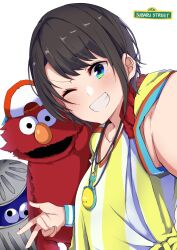  1girl 2others absurdres backwards_hat black_eyes blue_eyes blue_fur blush brown_hair check_commentary collarbone commentary_request crossover east-west_crossover elmo grin hat highres hololive looking_at_viewer multiple_others one_eye_closed oozora_subaru oozora_subaru_(1st_costume) parody red_fur sesame_street shirt short_hair short_sleeves sidelocks simple_background smile stopwatch stopwatch_around_neck striped_clothes striped_shirt sweatband t-shirt teeth tied_shirt tomboy trash_can two-tone_headwear two-tone_shirt upper_body vertical-striped_clothes vertical-striped_shirt virtual_youtuber white_background wristband yagitani_hitsuji 