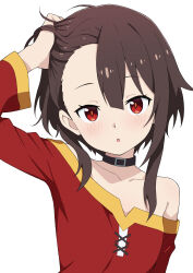  1girl absurdres black_choker blush breasts brown_hair choker commentary_request dress grabbing_own_hair highres holding_own_hair kono_subarashii_sekai_ni_shukufuku_wo! looking_at_viewer megumin off-shoulder_dress off_shoulder open_mouth red_dress red_eyes ryo4423 short_hair_with_long_locks simple_background small_breasts solo upper_body white_background 