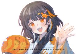  1girl :d black_hair blush commentary_request eighth_note hair_ornament hand_fan hand_up heart heart_hair_ornament indie_virtual_youtuber ittokyu japanese_clothes kimono long_sleeves multicolored_hair musical_note musical_note_hair_ornament official_art orange_eyes orange_hair paper_fan sample_watermark simple_background smile solo streaked_hair uchiwa upper_body virtual_youtuber wakamurasaki_mai watermark white_background white_hair white_kimono wide_sleeves 