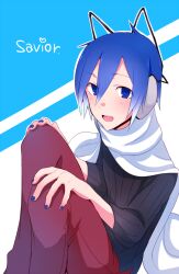  1boy black_shirt blue_eyes blue_hair blue_nails blush cape commentary_request devil_survivor_(series) devil_survivor_1 english_text hands_on_own_knees headphones looking_at_viewer medetai megami_tensei open_mouth pants protagonist_(devil_survivor) red_pants shirt short_hair solo two-tone_background white_cape 