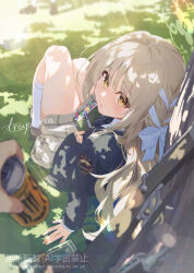  1girl blue_archive blush book bookmark bow bowtie braid brown_shoes can choppy_bangs collared_shirt commentary_request diagonal-striped_bow diagonal-striped_bowtie diagonal-striped_clothes flower_halo grass green_bow green_bowtie green_halo green_jacket grey_hair grey_skirt hair_between_eyes hair_bow hair_ribbon halo hamanashi_(trapiorra) holding holding_book holding_can jacket long_hair long_sleeves looking_at_viewer looking_up miyo_(blue_archive) multicolored_bow multicolored_bowtie open_mouth pen ribbon ribbon_in_braid shade shirt shoes sitting skirt socks striped_bow striped_bowtie striped_clothes tree twitter_username vetterli_m1870 white_bow white_ribbon white_shirt white_socks wildhunt_art_academy_logo yellow_bow yellow_bowtie yellow_eyes 