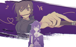  2girls akisan_(prsk_ak1) asahina_mafuyu bag black_jacket blush box braid brown_eyes brown_hair closed_mouth dot_nose hair_between_eyes hair_ornament hair_scrunchie heart heart_of_string high_collar holding holding_box holding_paintbrush jacket long_hair long_sleeves looking_at_viewer mouth_hold multiple_girls neckerchief outstretched_arm paintbrush painting_(action) ponytail project_sekai projected_inset purple_hair purple_jacket purple_neckerchief purple_theme sailor_collar scrunchie shinonome_ena short_hair shoulder_bag side_braid sidelocks straight-on swept_bangs upper_body violet_eyes white_bag white_sailor_collar 