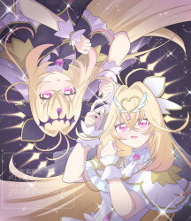  1girl absurdres antenna_hair black_bow black_capelet black_dress blonde_hair bow brooch capelet commentary cure_arcana cure_arcana_shadow diamond_hairband dress dual_persona frilled_capelet frilled_cuffs frills glowing gradient_hair hair_intakes heart heart_brooch highres jewelry long_hair looking_at_viewer magical_girl meitantei_precure! moria_luluka multicolored_hair multiple_forms precure purple_veil purple_wrist_cuffs smile umiumisanngo upside-down veil very_long_hair violet_eyes white_capelet white_dress white_veil winged_heart wrist_cuffs 