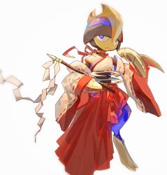  1other alternate_color arm_blade bisharp blue_eyes calligraphy_brush clothed_pokemon commentary d2k_(812404562) detached_sleeves hakama hakama_skirt hand_up helmet highres holding holding_brush holding_calligraphy_brush holding_paintbrush japanese_clothes kimono neck_ribbon paintbrush pointing pointing_at_self pokemon pokemon_(creature) pokemon_focus red_hakama red_ribbon red_sash red_trim ribbon sash shiny_pokemon shoulder_pads skirt thick_thighs thighs two-tone_helmet untranslatable_commentary weapon white_background white_kimono white_sleeves 