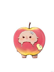  1girl apple apple_costume blush bone_hair_ornament braid brown_fur chibi chibi_only commentary_request food fruit full_body hair_ornament happy_happy_happy_cat_(meme) highres hololive ikayaki_(ikayaki4) inugami_korone inugami_korone_(1st_costume) inugami_korone_(dog) jacket meme simple_background solo standing tongue tongue_out twin_braids virtual_youtuber white_background yellow_jacket 