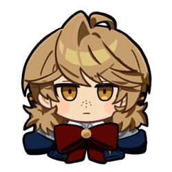  1girl ahoge angry animated animated_gif anna_m._battenberg astrae_oratio blue_jacket brown_eyes brown_hair hair_between_eyes jacket looking_at_viewer lowres medium_hair official_art partially_shaded_face red_ribbon ribbon second-party_source sidelocks simple_background solo white_background 