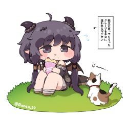  1girl bandaged_foot bandaged_leg bandaged_tail bandages black_eyes black_hair black_tunic blush_stickers cat chibi chibi_only closed_mouth commentary_request crepe dragon_ears dragon_girl dragon_horns dragon_tail dragon_wings fewer_digits food furisode_sleeves highres holding holding_crepe holding_food horns kidian_(trickcal) knees_up long_hair pointy_ears ransusan simple_background solo tail translated trickcal tunic twintails two-tone_wings white_background wings 