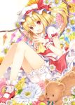  1girl 6u_(eternal_land) :d ascot blonde_hair bloomers fang flandre_scarlet flower hat long_hair looking_at_viewer mary_janes open_mouth red_eyes shoes short_hair side_ponytail sitting smile socks solo stuffed_animal stuffed_toy teddy_bear touhou underwear white_legwear wings 