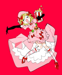  1girl :3 =_= absurdres blush_stickers bow closed_eyes deformed dress elbow_gloves facing_viewer food footwear_bow frilled_dress frills full_body gloves hair_bow hat highres kneehighs kokaki_mumose lambdadelta mob_cap open_mouth pink_dress popcorn pumpkin_ornament red_background red_shoes shoes simple_background socks solo striped_clothes striped_socks umineko_no_naku_koro_ni 