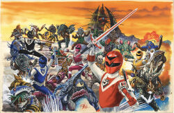  2girls 3boys akame_doggler assault_visor bagil_doggler battle beam_doggler black_assault_visor black_bodysuit black_eyes black_helmet black_mask_(maskman) blue_bodysuit blue_helmet blue_mask bo_staff bodysuit claws colored_sclera deathga_doggler devil_doggler dokuro_doggler extra_eyes extra_mouth flower gamaro_doggler garaga_doggler garubo_doggler geruge_doggler giba_doggler gloves helmet hikari_sentai_maskman holding holding_ribbon_baton holding_staff holding_sword holding_weapon horns igara_doggler jiruga_doggler kimen_doggler leaf majin_doggler mask monster multiple_boys multiple_girls multiple_heads official_art okazaki_toshio one-eyed orange_sky outdoors painting_(medium) pink_bodysuit pink_helmet pink_mask_(maskman) red_bodysuit red_eyes red_flower red_helmet red_mask_(maskman) ribbon ribbon_baton ryu_doggler sharp_teeth shinobi_doggler signature sky staff standing super_sentai sword teeth third-party_source tokusatsu tonfa traditional_media weapon white_gloves yellow_bodysuit yellow_eyes yellow_helmet yellow_mask_(maskman) yellow_sclera yo-yo zora_doggler 