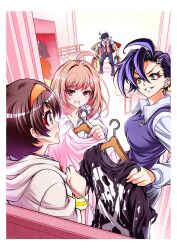 1boy 3girls ahoge akatsuki_akira bag black_shirt blush bone_print border character_request clothes_hanger collared_shirt commentary_request copyright_request cross_pin ear_piercing earrings glasses green_eyes hair_between_eyes hair_ornament hairclip highres holding holding_bag holding_clothes_hanger hood hoodie jewelry long_sleeves looking_at_another multiple_girls necktie open_mouth orange_eyes piercing pink_shirt purple_hair purple_vest red_eyes red_necktie shirt shopping_bag short_hair short_sleeves single_earring smile t-shirt vest white_border white_shirt 