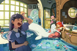  4girls ^_^ absurdres ahoge bathroom bathtub black_hair blue_dress broom carol_cao closed_eyes colored_skin day door dress earrings fins flower highres holding holding_broom indoors jewelry merfolk merfolk_out_of_environment mermaid monster_girl multiple_girls open_mouth original pointy_ears puffy_short_sleeves puffy_sleeves red_hair scenery short_sleeves sink tail tearing_up tile_floor tiles water whale_girl white_skin window 