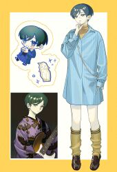  1girl absurdres adversarial_noise animal_print aqua_hair bass_guitar bird_print black_sash blue_hair blue_jacket blue_shirt blue_skirt border brown_shoes brown_socks casual chibi collared_shirt commentary_request dress_shirt fender_jazz_bass finger_to_own_chin full_body futsuu_no_keion-bu green_hair grey_eyes guitar_strap hair_ornament hairclip highres holding holding_bass_guitar holding_instrument instrument jacket japanese_clothes kimono kouyama_rin loafers long_shirt long_sleeves loose_socks mmmygp multiple_views no_pants obi obiage official_alternate_costume outside_border own_hands_together parallel_hairclips parted_lips pixie_cut pleated_skirt purple_kimono sash school_uniform shirt shirt_under_shirt shoes short_hair skirt smile socks sparkle standing striped_clothes striped_shirt swept_bangs turtleneck vertical-striped_clothes vertical-striped_shirt wooden_statue yellow_border 
