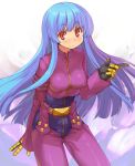  1girl bangs blue_hair blush breasts chaps closed_mouth cowboy_shot eyebrows_visible_through_hair feet_out_of_frame female gloves king_of_fighters kula_diamond long_hair long_sleeves looking_at_viewer medium_breasts red_eyes shunin smile solo 