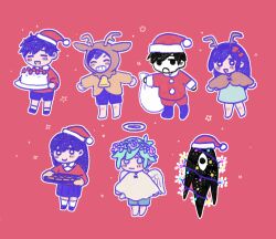  2girls 4boys alternate_costume angel angel_wings aubrey_(headspace)_(omori) aubrey_(omori) baking_sheet barefoot basil_(headspace)_(omori) basil_(omori) bell black_boots black_eyes black_hair black_shoes blue_shirt blush boots bow bright_pupils brother_and_sister brothers cake chibi chibi_only christmas_lights closed_eyes closed_mouth colored_skin commentary_request flower flower_wreath food green_eyes green_hair grin hair_behind_ear hair_bow halo hasu_art hat head_wreath hero_(headspace)_(omori) hero_(omori) highres holding holding_plate holding_sack holding_tray kel_(headspace)_(omori) kel_(omori) long_hair long_shirt long_sleeves looking_at_viewer mari_(headspace)_(omori) mari_(omori) multiple_boys multiple_girls neck_bell omori omori_(omori) open_mouth outline oven_mitts pants pink_bow plate pleated_skirt purple_hair purple_shorts purple_skirt red_background red_hat red_pants red_sweater sack santa_costume santa_hat shirt shoes short_hair shorts siblings sidelocks simple_background skirt smile socks something_(omori) sweater t-shirt teeth tray violet_eyes white_outline white_pupils white_skin white_socks wings 