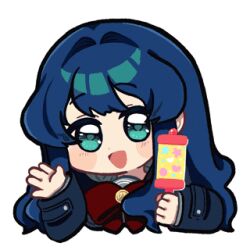  1girl animated animated_gif astrae_oratio blue_eyes blue_hair blush_stickers fujiwara_riria holding holding_rattle long_hair long_sidelocks looking_at_viewer lowres official_art open_mouth rattle red_ribbon ribbon second-party_source sidelocks simple_background solo waving white_background 