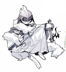  1other arm_blade bisharp clothed_pokemon d2k_(812404562) detached_sleeves fur-trimmed_kimono fur_trim hakama helmet holding holding_sword holding_weapon japanese_clothes kimono knee_up monochrome on_ground planted planted_sword pokemon pokemon_(creature) pokemon_focus sash sketch spread_legs sword thick_thighs thighs two-tone_helmet weapon white_background white_fur white_hakama white_kimono white_sash white_sleeves 