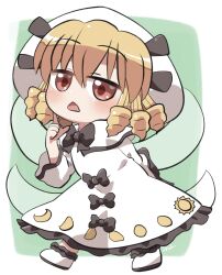  1girl black_bow black_bowtie blonde_hair blush border bow bowtie chestnut_mouth chibi chibi_only commentary_request dress drill_hair fairy_wings frilled_dress frills full_body green_background hair_between_eyes hand_up hat highres long_sleeves luna_child open_mouth outside_border red_eyes rokugou_daisuke short_hair signature simple_background solo standing touhou white_border white_dress white_hat wide_sleeves wings 