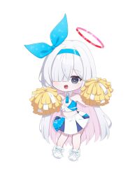  1girl bare_shoulders black_eyes blue_archive blush braid cheerleader chibi chibi_only cinamon_(cinamori) colored_inner_hair commentary_request cosplay detached_collar footwear_ribbon full_body hair_over_one_eye hairband halo halterneck highres holding holding_pom_poms long_hair looking_at_viewer millennium_cheerleader_outfit_(blue_archive) multicolored_hair navel open_mouth pink_hair plana_(blue_archive) pleated_skirt pom_pom_(cheerleading) red_halo shoes simple_background single_braid skirt smile sneakers solo standing two-tone_hair two-tone_skirt very_long_hair white_background white_hair white_skirt 