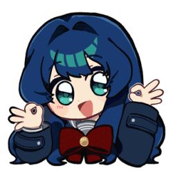  1girl animated animated_gif astrae_oratio blue_eyes blue_hair blush double_ok_sign fujiwara_riria hair_intakes long_hair long_sleeves lowres official_art ok_sign open_mouth red_ribbon ribbon second-party_source sidelocks simple_background smile solo white_background winking_(animated) 