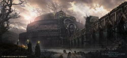  arch architecture bare_tree bridge cloak clouds cloudy_sky day english_text fire gehn gothic_architecture grand_scale highres holding holding_torch hood hooded_cloak lake original outdoors people sky torch tree watermark 