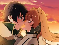  1boy 1girl animal_ear_fluff animal_ears arm_shield black_gloves black_hair black_shirt blunt_bangs blush brown_hair chest_guard cloak closed_mouth clouds cloudy_sky collared_shirt commentary_request crying crying_with_eyes_open dress dusk eye_contact floating_hair from_side fur_trim gloves green_cloak green_eyes grey_armor hair_between_eyes hands_on_another's_face high_collar iwatani_naofumi legendary_shield_(small_shield)_(tate_no_yuusha_no_nariagari) legendary_shield_(tate_no_yuusha_no_nariagari) long_hair looking_at_another messy_hair orange_sky outdoors pinstripe_dress pinstripe_pattern portrait raccoon_ears raccoon_girl raphtalia red_eyes red_sky s2cikn_(yuzu) shirt short_hair sky smile tate_no_yuusha_no_nariagari tearing_up tears white_dress yellow_sky yellow_trim 