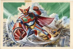  1970s_(style) arm_blade border brown_border city clenched_hands clouds day defeat duel explosion flying full_body getter-1 getter_robo getter_robo_(classic) green_sky komatsuzaki_shigeru mecha mecha_focus motion_lines non-humanoid_robot official_art painting_(medium) railroad_tracks retro_artstyle robot robot_dragon signature sky solo_focus super_robot third-party_source traditional_media weapon yellow_eyes 