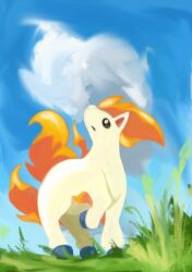  blue_sky cocoro_the_c commentary_request fiery_tail fire grass hooves horse looking_up no_humans outdoors pokemon pokemon_(creature) pokemon_focus ponyta sky solo tail 