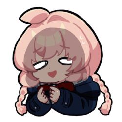  1girl ahoge animated animated_gif astrae_oratio blue_jacket braid braided_twintails hair_intakes index_fingers_together jacket long_hair looking_down lowres nervous nervous_sweating o_o official_art open_mouth pink_hair second-party_source shaded_face solo sweat tanaka_erin 