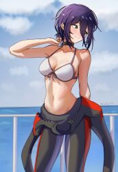  1girl absurdres bikini black_choker bodysuit chainsaw_man choker clouds diving_suit grenade_pin highres navel outdoors reze_(chainsaw_man) solo swimsuit vextert1 wetsuit white_bikini 
