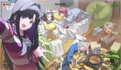  5girls absurdres ahoge alcohol awa_subaru bed bedroom beer beer_can black_hair blonde_hair blue_eyes brown_eyes brown_hair camera can chinese_commentary chopsticks closed_eyes commentary_request cooking drink_can ebizuka_tomo fluffy_clothes food girls_band_cry grey_hair highres holding holding_camera holding_pillow ice_cream indoors iseri_nina kawaragi_momoka long_hair long_sleeves looking_at_another low_twintails mansahyung multiple_girls nightgown open_mouth pajamas pillow recording rupa_(girls_band_cry) short_hair sitting sleepover smile striped_clothes striped_sweater sweater twintails v violet_eyes w 