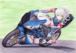  bikesuit blue_eyes colored_pencil_(medium) honda izayoi_sakuya lips maid_headdress motor_vehicle motorcycle rpracing short_hair silver_hair solo touhou traditional_media vehicle 