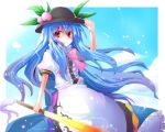blue_hair colored exion_(neon) food fruit hand_on_hat hat hinanawi_tenshi leaf long_hair long_skirt minato_usagi peach skirt solo sword sword_of_hisou touhou weapon