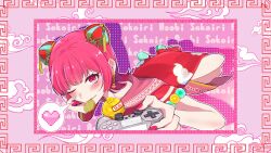  1girl aqua_nails bell blush border bun_cover character_name closed_mouth clouds commentary_request controller drop_shadow earrings eyelashes fingernails food_in_mouth game_controller hand_on_own_face heart highres holding holding_controller holding_game_controller indie_virtual_youtuber jewelry jungle_bell looking_at_viewer lying multicolored_nails nail_polish neck_bell on_stomach one_eye_closed outline pink_background pink_eyes pink_hair pink_nails pixel_heart playstation_controller red_shoes sakairi_asobi sakairi_asobi_(artist) shoes short_hair smile solo speech_bubble spoken_heart tassel two-tone_nails virtual_youtuber white_outline 