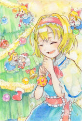  4girls alice_margatroid bell blonde_hair blue_dress bow bowtie candy candy_cane capelet christmas christmas_ornaments christmas_tree closed_eyes commentary_request dress food frilled_hairband frills hairband highres holding holding_candy holding_candy_cane holding_food multiple_girls open_mouth red_bow red_bowtie red_hairband red_sash sash shanghai_doll smile touhou traditional_media waist_sash white_capelet yuzuari4649 