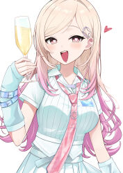  1girl :d absurdres alcohol arm_warmers belt blonde_hair blush breasts champagne champagne_flute collared_shirt commentary_request crescent crescent_hair_ornament cup deshihayashi18 dot_nose drinking_glass drooling drunk gradient_hair hair_behind_ear hair_intakes hair_ornament hand_up heart heart-shaped_pupils highres holding holding_cup iridescent_clothes long_hair looking_at_viewer loose_hair_strand loose_necktie medium_breasts mekpark mouth_drool multicolored_hair necktie open_mouth parted_bangs pink_eyes pink_necktie pleated_skirt purple_hair raised_eyebrows ribbed_shirt shirt short_sleeves side_part silver_belt simple_background single_sidelock skirt smile solo star_(symbol) star_hair_ornament symbol-shaped_pupils teeth tie_clip two-tone_hair upper_body upper_teeth_only virtual_youtuber white_arm_warmers white_background white_shirt white_skirt wrist_belt y2k_fashion yuikawa_hinami 