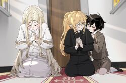  >_< 1girl 2boys absurdres black_hair blonde_hair blurry blurry_background brown_jacket brown_shorts cassock church closed_eyes commentary commission degrees_of_lewdity english_commentary full_body glasses green_eyes highres indoors jacket kneeling kylar_(degrees_of_lewdity) kylar_(male)_(degrees_of_lewdity) long_hair long_sleeves looking_at_another multiple_boys on_floor orange_eyes own_hands_clasped own_hands_together player_character_(degrees_of_lewdity) player_character_(female)_(degrees_of_lewdity) pluto_94 ponytail praying round_eyewear second-party_source short_hair shorts sydney_(degrees_of_lewdity) sydney_(male)_(degrees_of_lewdity) very_long_hair 
