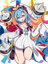  1girl ankle_boots backpack bag blonde_hair blue_bow blue_dress blue_hair blush_stickers boots bow commentary_request crossed_bangs dasimaki001 dress duel_masters floating floating_object hair_between_eyes hair_ornament hat hat_bow highres long_hair low_twintails multicolored_bow multicolored_dress multicolored_hair official_art open_mouth orange_eyes randoseru red_bow red_hair sleeves_past_fingers sleeves_past_wrists solo t_t_t_(duel_masters) twintails very_long_hair white_dress white_hat yellow_bow 