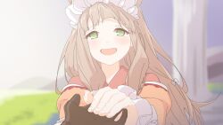  1boy 1girl animal_ears blurry blurry_background brown_hair commentary_request fang frilled_hairband frills gloves green_eyes hairband highres holding_hands jacket japanese_clothes kimono light_blush long_hair looking_at_viewer maho_(princess_connect!) mahomajitenshi open_mouth orange_jacket outdoors parody pillar pov pov_hands princess_connect! raised_eyebrows red_kimono smile straight-on sunset tearing_up upper_body yuuki_(princess_connect!) 