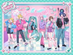  2boys 4girls :d :q ;q ? aqua_eyes aqua_hair aqua_nails artist_name bag black_bow black_jacket black_shoes blazer blonde_hair blue_bow blue_bowtie blue_eyes blue_hair blue_jacket blue_necktie blue_pants blue_skirt bow bowtie bracelet breasts brown_eyes brown_hair cardigan cardigan_vest cd cellphone charm_(object) closed_mouth collared_shirt commentary_request company_name copyright_notice decora disco_ball dot_nose double-parted_bangs earrings emoji english_text fingernails flipped_hair full_body fur_leg_warmers gradient_legwear grey_cardigan_vest grey_shirt group_name guest_art guitar gyaru_v hair_between_eyes hair_bow hair_ornament hairclip hand_in_pocket hand_on_own_hip hand_up hatsune_miku heart heart_hair_ornament high_ponytail holding holding_phone hood hood_down hooded_jacket instrument jacket jewelry kagamine_len kagamine_rin kaito_(vocaloid) kneehighs lapels leg_warmers light_blush loafers long_hair long_sleeves looking_at_viewer medium_breasts megurine_luka meiko_(vocaloid) miniskirt momoiro_oji multiple_boys multiple_girls multiple_hair_bows multiple_rings musical_note nail_polish necklace necktie notched_lapels official_alternate_costume official_alternate_hair_ornament official_art one_eye_closed open_clothes open_jacket outstretched_arms pants phone pink_bow pink_bowtie pink_hair pink_jacket pink_leg_warmers pink_necktie pink_ribbon pink_shirt pink_shoes pink_skirt pink_sweater_vest plaid_clothes plaid_pants plaid_skirt pleated_skirt pom_pom_(clothes) pom_pom_earrings ponytail project_sekai puffy_long_sleeves puffy_sleeves purple_cardigan purple_skirt red_nails ribbon ribbon_legwear ring school_bag school_uniform scrunchie second-party_source shirt shoes short_hair short_ponytail skirt sleeves_past_wrists smartphone smile sneakers socks sparkle standing standing_on_one_leg star_(symbol) star_earrings star_hair_ornament sticker sweater_vest teeth three-quarter_sleeves tongue tongue_out twintails upper_teeth_only v very_long_hair violet_eyes vocaloid white_bow white_leg_warmers white_shirt white_shoes white_socks wrist_scrunchie yellow_nails 