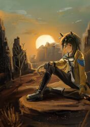  1girl absurdres black_boots black_hair black_pants boots canyon closed_mouth commentary_request ear_covers ear_ornament goggles hair_between_eyes highres long_hair long_sleeves multicolored_hair outdoors pants sitting skyk57milk smile solo stay_gold_(sunlit_outsider)_(umamusume) stay_gold_(umamusume) streaked_hair umamusume white_hair 