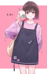  1girl :| arm_at_side bag black_overalls bob_cut brown_bag brown_eyes brown_hair closed_mouth colored_inner_hair commentary_request cowboy_shot cup disposable_cup ene_mizunoawa fingernails hand_up highres holding holding_cup letterboxed long_sleeves looking_at_viewer miniskirt multicolored_hair nail_polish original outside_border overall_skirt overalls pink_background purple_sweater red_nails short_hair shoulder_bag skirt solo standing straight_hair sweater wide_sleeves 