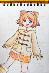 1girl :3 absurdres amanone_yun animal_ears blue_eyes boots brown_coat brown_hair coat colored_pencil colored_pencil_(medium) commentary_request dog dog_ears fake_animal_ears fur_trim girls_und_panzer hair_bobbles hair_bun hair_ornament highres knee_boots long_sleeves looking_at_viewer monkey_ears monkey_girl open_mouth orange_hair pencil school_uniform shirt short_hair skirt smile solo traditional_media waffle_school_uniform yuuko_(girls_und_panzer)