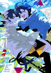  1boy 1girl :d ^_^ absurdres akatsuxe black_hair black_pants blue_hair blue_jacket blush can closed_eyes commentary dated digital_dissolve drawing_(object) ene_(kagerou_project) enomoto_takane green_jacket green_pants headphones highres jacket kagerou_project kokonose_haruka konoha_(kagerou_project) long_sleeves open_mouth pants road_sign short_hair sign sketchbook smile song_name stop_sign summertime_record_(vocaloid) transformation twintails white_hair white_jacket 