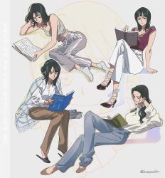  1girl absurdres black_hair blue_pants blunt_bangs book book_on_lap bracelet brown_pants brown_shoes cross-laced_shoes denim flats grey_pants high_heels highres holding holding_book hurezasick jeans jewelry long_hair lying nico_robin on_side one_piece pants reading red_shirt shirt shoes slippers socks sweater sweatpants white_pants white_shirt white_socks white_sweater wrapped_in_blanket 