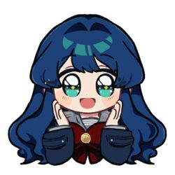  +_+ 1girl animated animated_gif astrae_oratio blue_eyes blue_hair blue_jacket blush clapping fujiwara_riria hair_intakes jacket long_hair looking_at_viewer lowres motion_lines official_art open_mouth red_ribbon ribbon second-party_source sidelocks simple_background solo sparkle white_background 