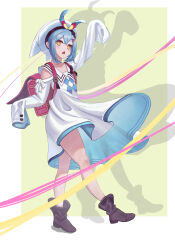  1girl absurdres ankle_boots arm_up backpack bag blonde_hair blue_bow blue_dress blue_hair boots border bow brown_boots commentary crossed_bangs dress duel_masters floating floating_object hair_between_eyes hair_ornament hat hat_bow highres long_hair low_twintails midori15724 multicolored_bow multicolored_dress multicolored_hair official_art open_mouth orange_eyes outside_border randoseru red_bow red_hair sleeves_past_fingers sleeves_past_wrists solo t_t_t_(duel_masters) twintails very_long_hair white_border white_dress white_hat yellow_bow 