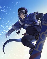  1boy absurdres alternate_costume arknights black_hat black_pants blue_eyes blue_gloves blue_hair blue_jacket blue_tail chinese_commentary commentary_request full_body gloves goggles goggles_on_head hair_between_eyes hat highres jacket male_focus pants parted_lips pointy_ears qianxiaxiale short_hair signature ski_goggles snow snowboard snowboarding solo tail tassel zuo_le_(arknights) 