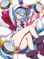  1girl :q absurdres ankle_boots arm_behind_head arm_up backpack bag blonde_hair blue_bow blue_dress blue_hair blush_stickers boots bow closed_mouth commentary_request crossed_bangs dasimaki001 dress duel_masters floating floating_object hair_between_eyes hair_ornament hat hat_bow highres long_hair looking_at_viewer multicolored_bow multicolored_dress multicolored_hair orange_eyes randoseru red_bow red_hair sleeves_past_fingers sleeves_past_wrists solo t_t_t_(duel_masters) tongue tongue_out very_long_hair white_dress white_hat yellow_bow 